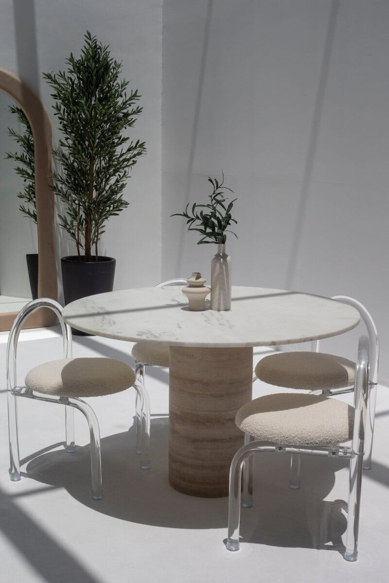 Cynthia White Marble Dining Table With Travertine Base (2 Sizes)