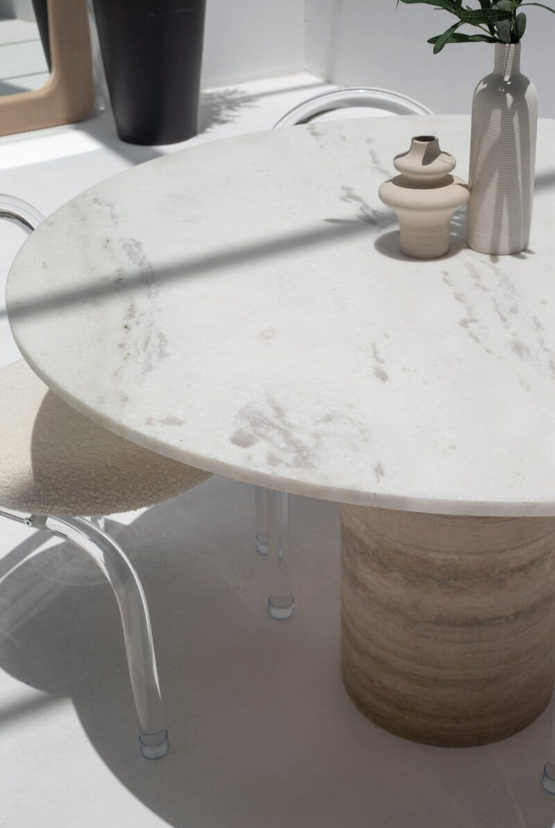 Cynthia White Marble Dining Table With Travertine Base (2 Sizes)