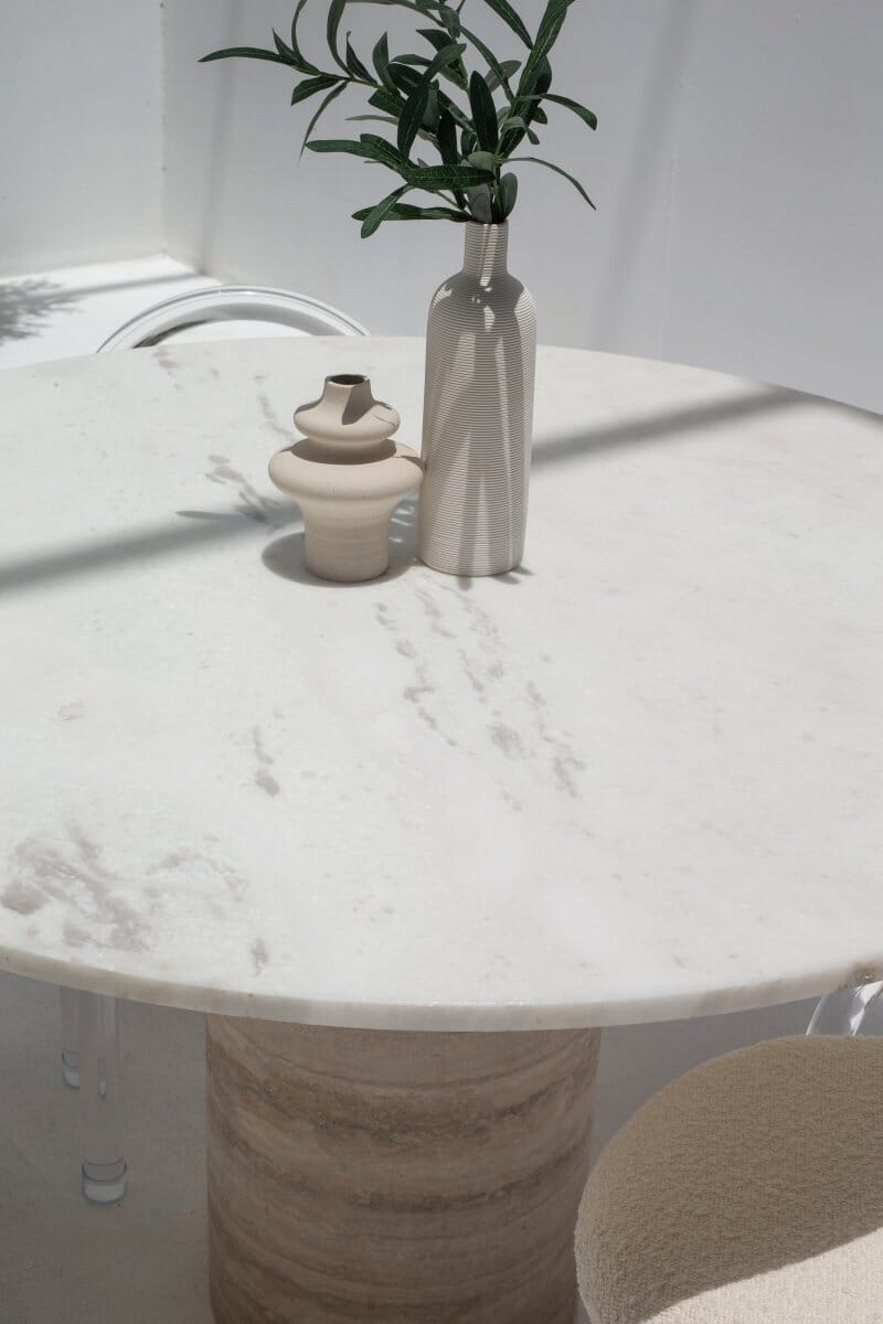 Cynthia White Marble Dining Table With Travertine Base (2 Sizes)