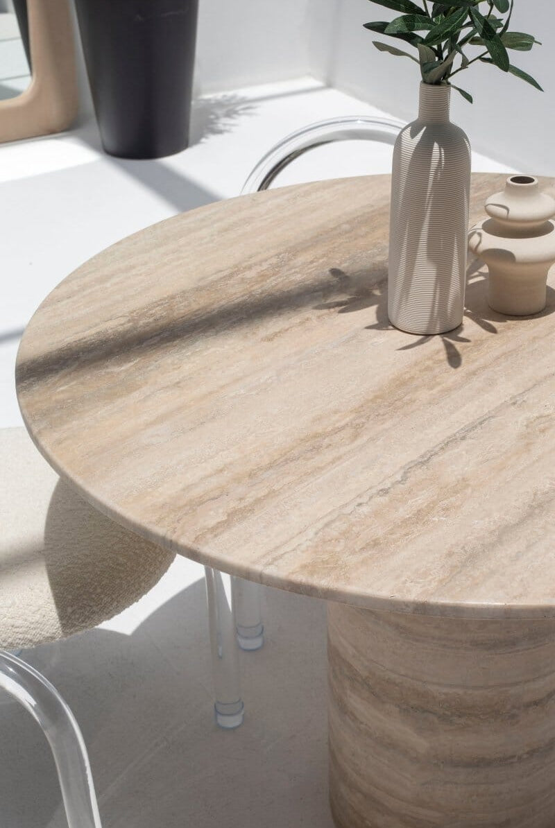 Pelagia Travertine Dining Table (5 Sizes) 90CM Diter x 76CM Height Silver Travertine