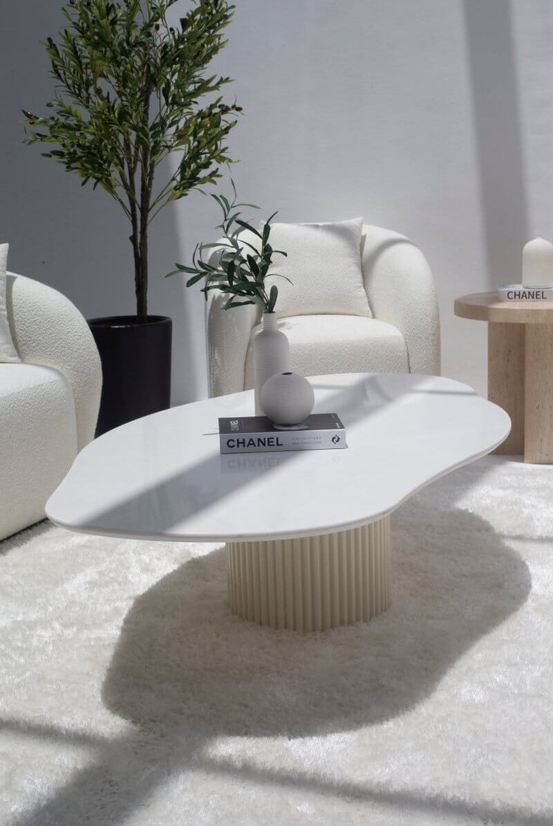 emisia White Quz Irregular Coffee Table (2 Base Colors) 128CM Length x 72CM Width x 42CM Height Beige