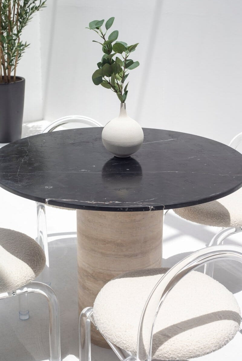 Irene Black Marquina Marble Dining Table with Travertine Base (2 Sizes)