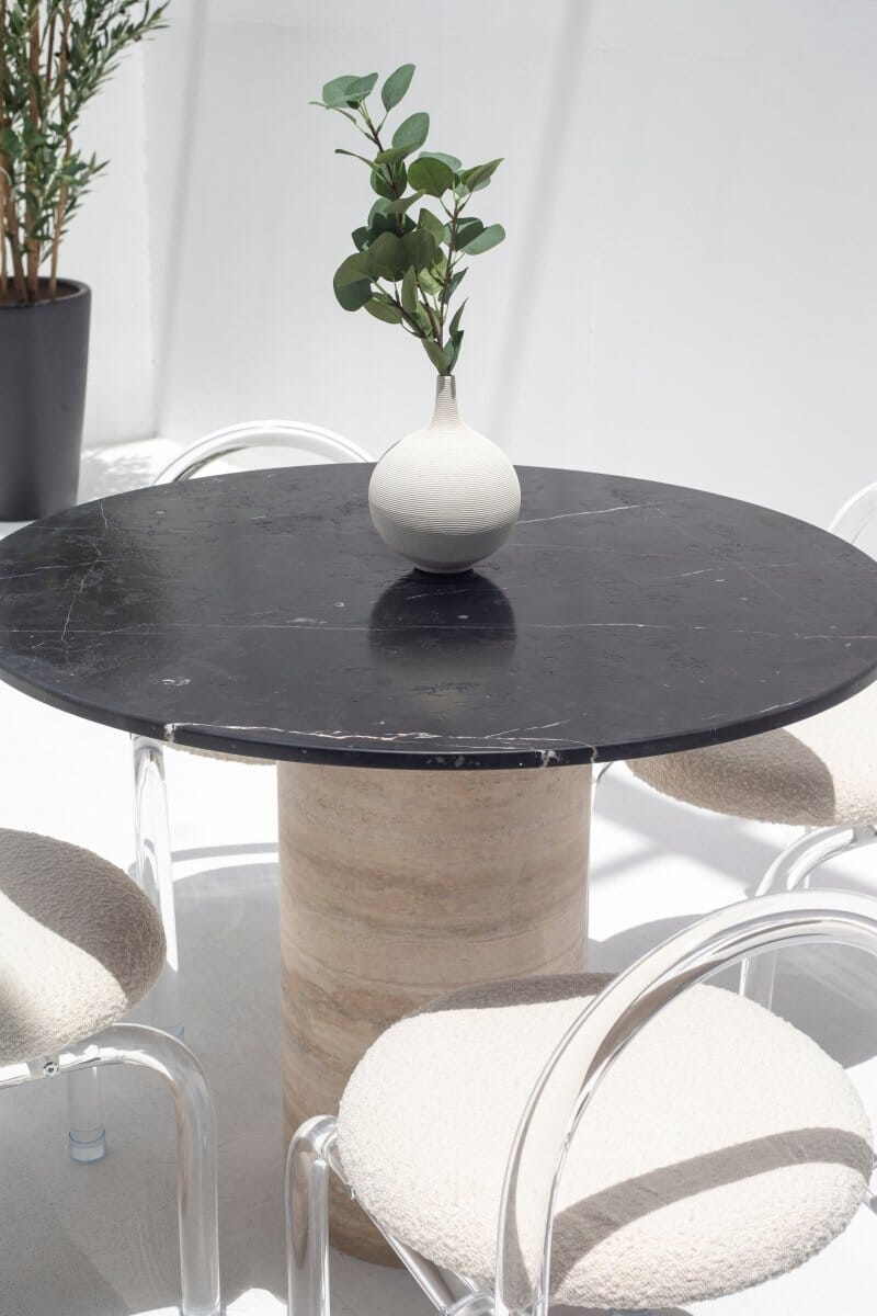 Irene Black Marquina Marble Dining Table with Travertine Base (2 Sizes)
