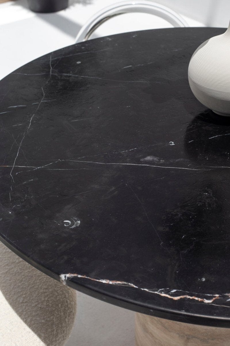 Irene Black Marquina Marble Dining Table with Travertine Base (2 Sizes)