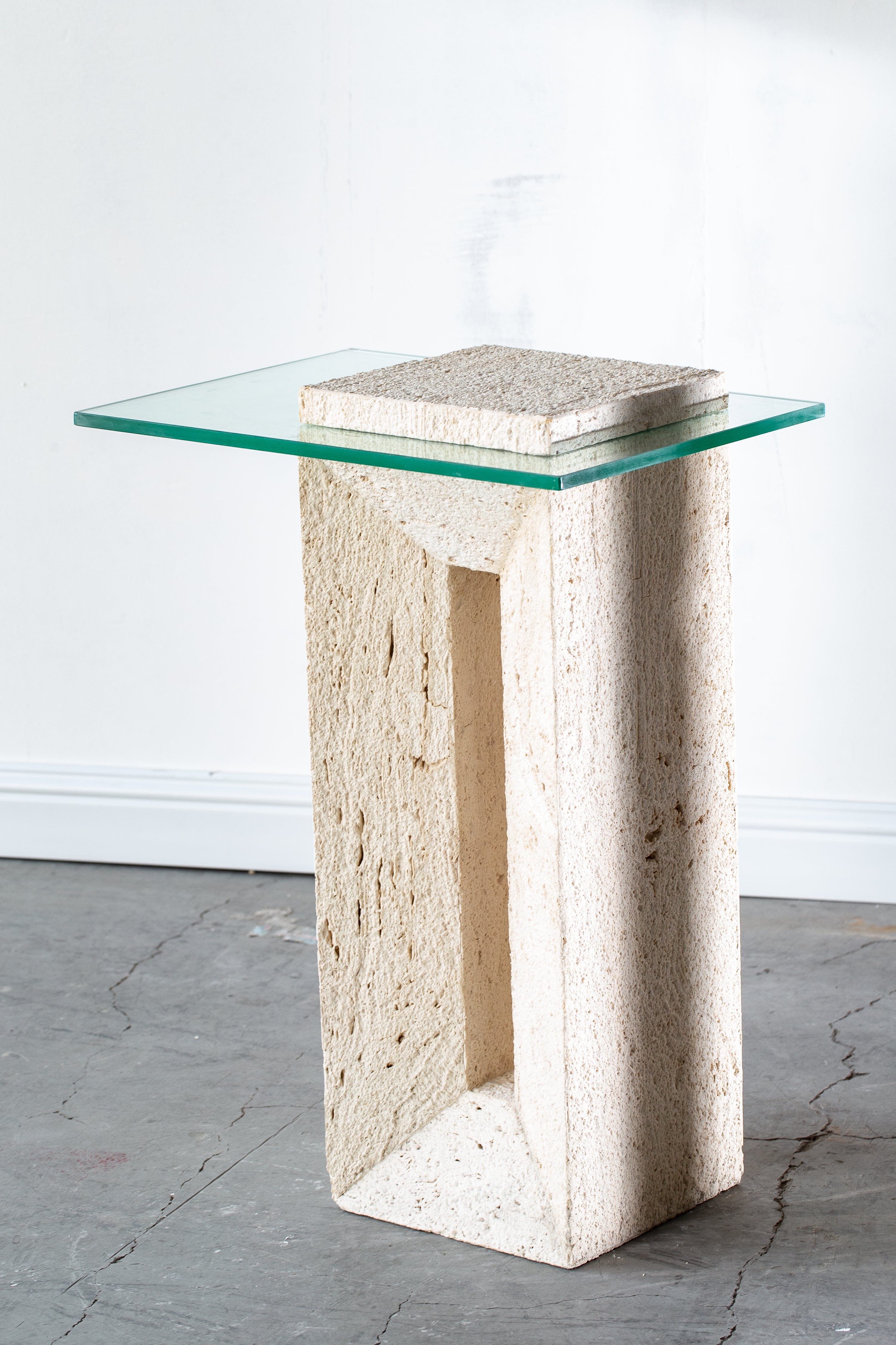 Sadie Minimalist Travertine Plinth with Glass Top Homekode