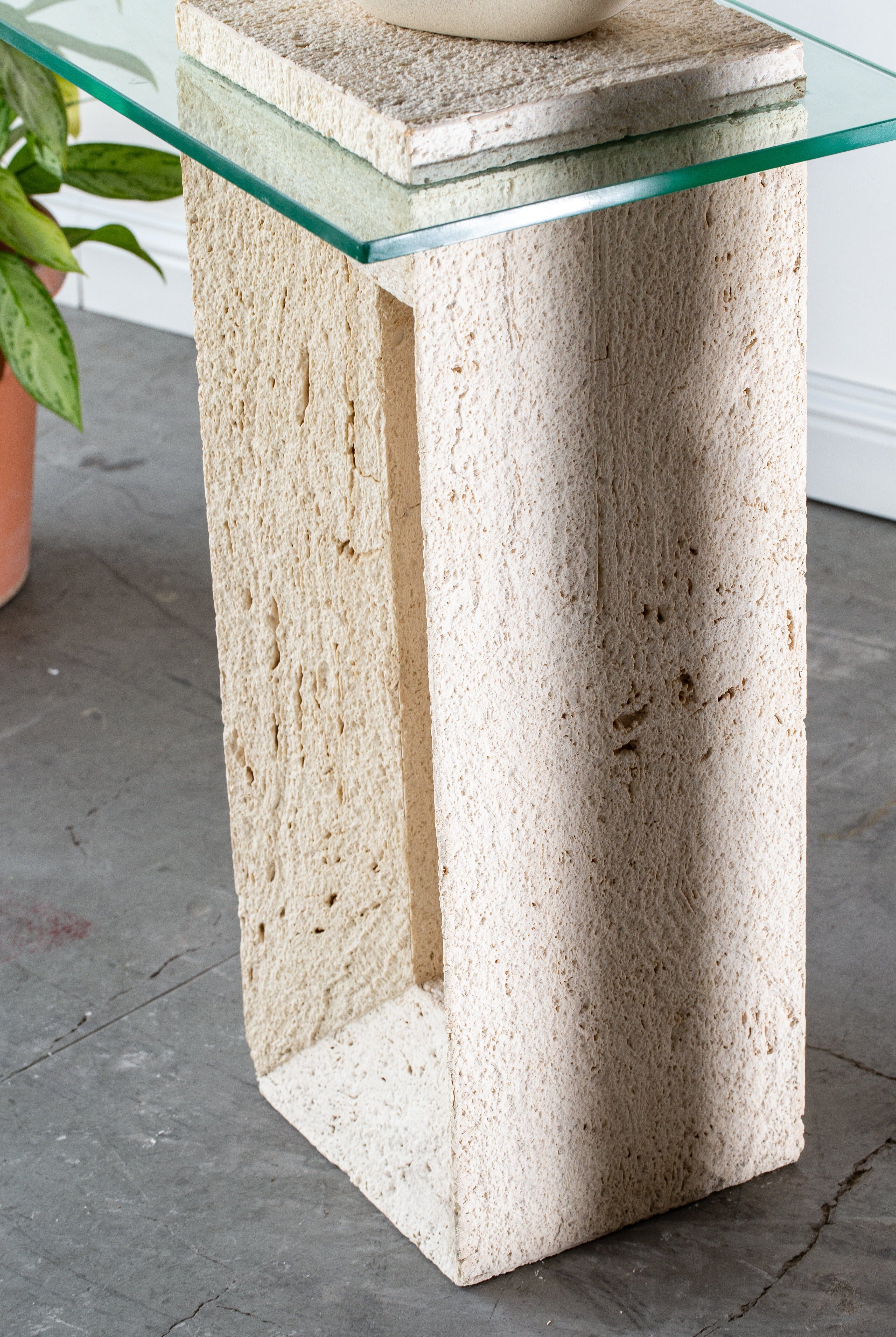 Sadie Minimalist Travertine Plinth with Glass Top Homekode