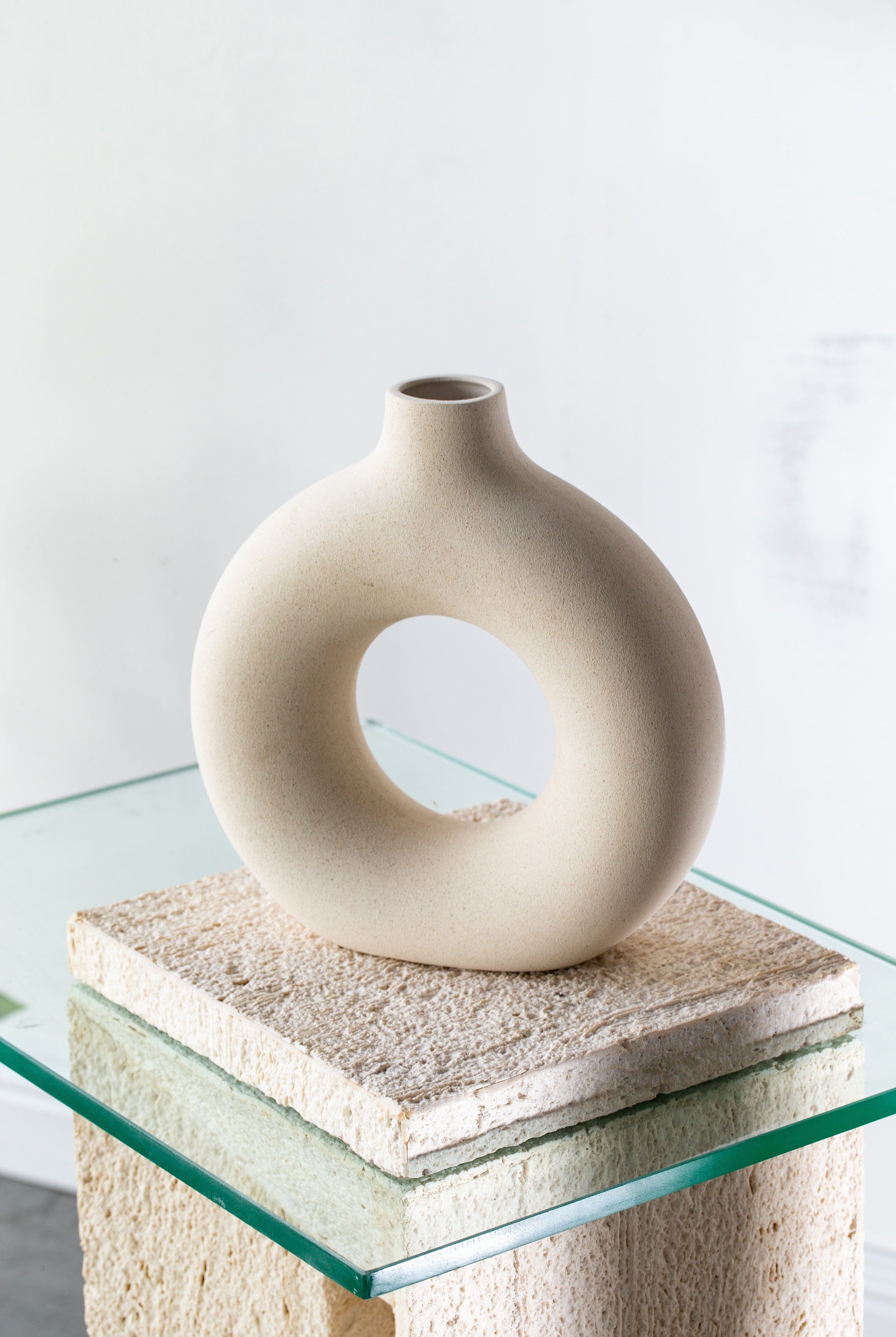 Sadie Minimalist Travertine Plinth with Glass Top Homekode