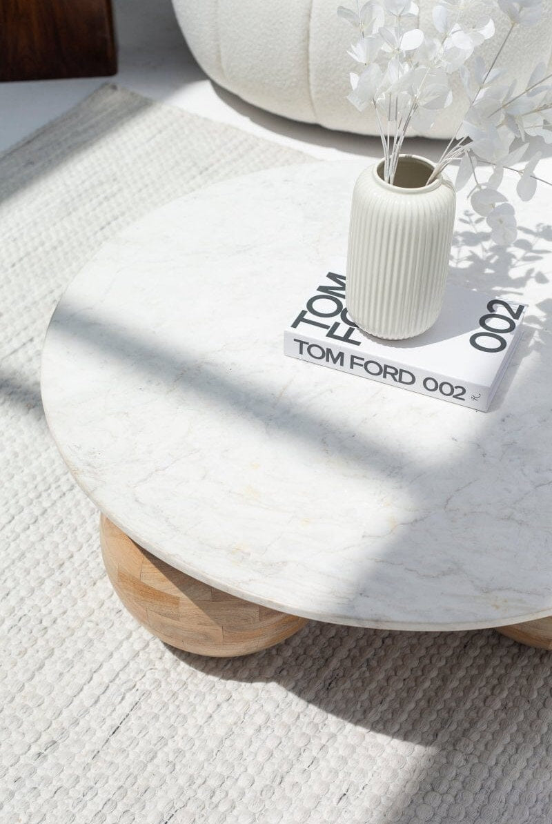 Pallas Round Marble Top Coffee Table with Three Round Legs Homekode