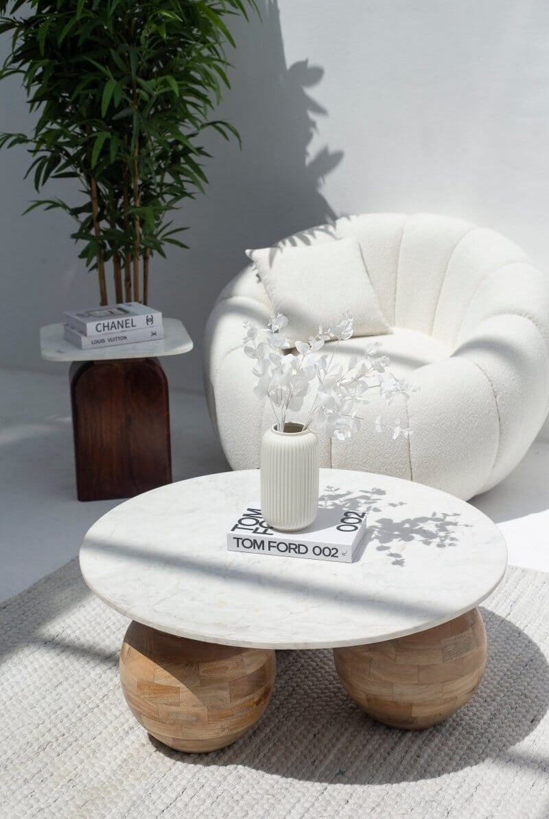Pallas Round Marble Top Coffee Table with Three Round Legs Homekode