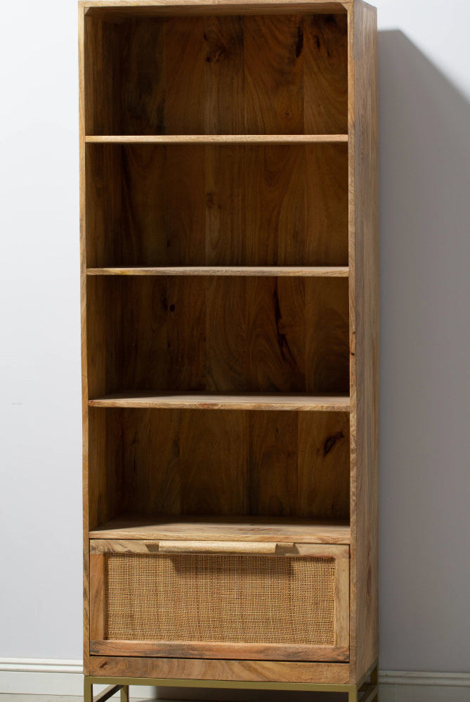 Rattan Mango Wood Bookcase/Shelves with Gold Base