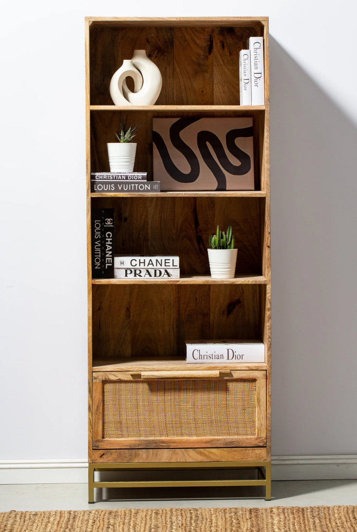 Rattan Mango Wood Bookcase/Shelves with Gold Base