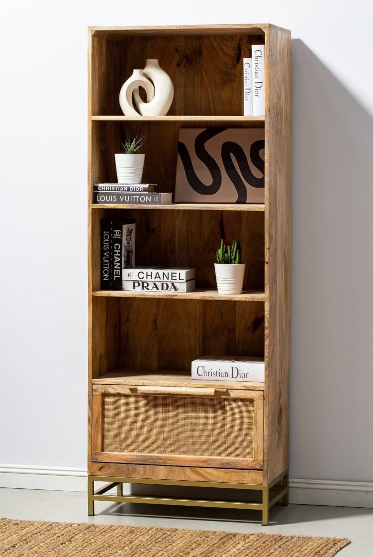 Rattan Mango Wood Bookcase/Shelves with Gold Base