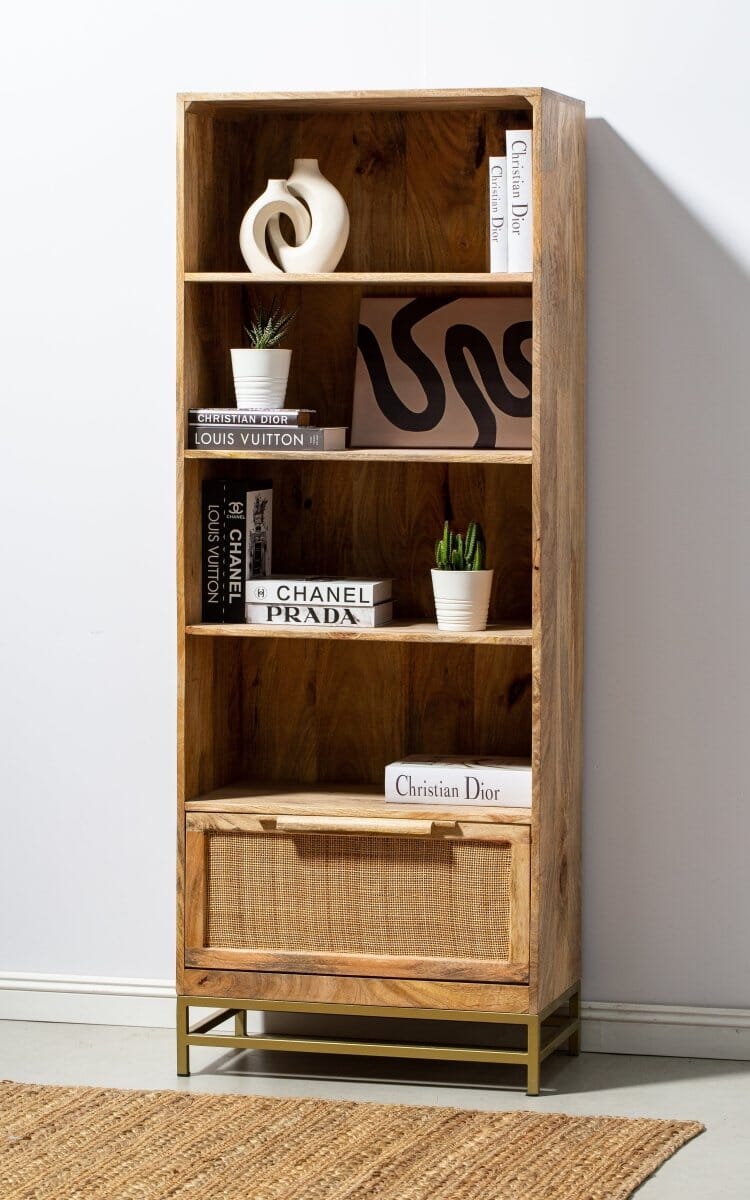Rattan Mango Wood Bookcase/Shelves with Gold Base