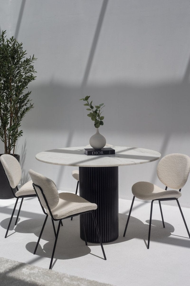 Aloise White Marble Round Dining Table with Black Fluted Base – Homekode
