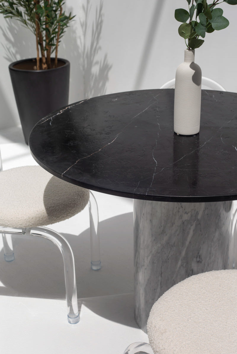 Cynthia Black Marquina Marble Dining Table with Bianco Joya Base (2 Sizes)