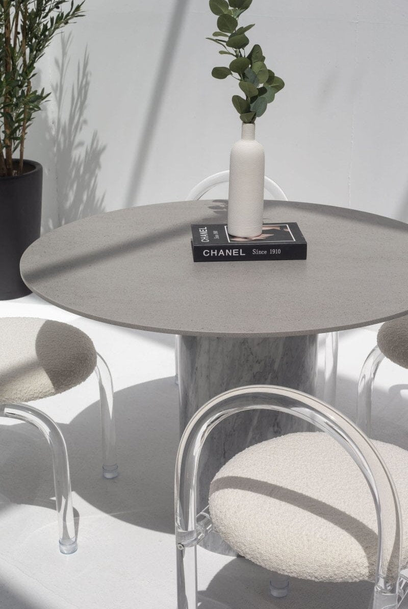 Cynthia Grey Dekton Dining Table with Bianco Joya Base