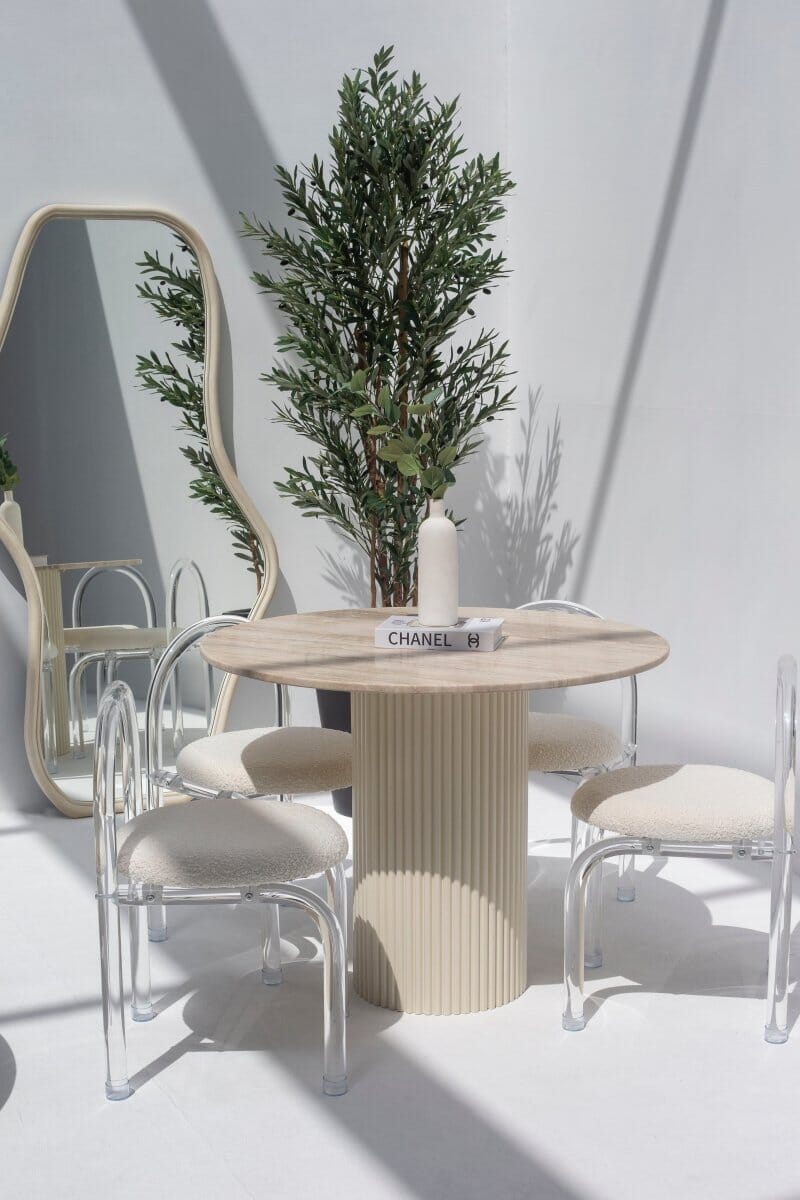 Cornelia Silver Travertine Dining Table (4 Leg Colors) 100CM Diter x 76CM Height Beige