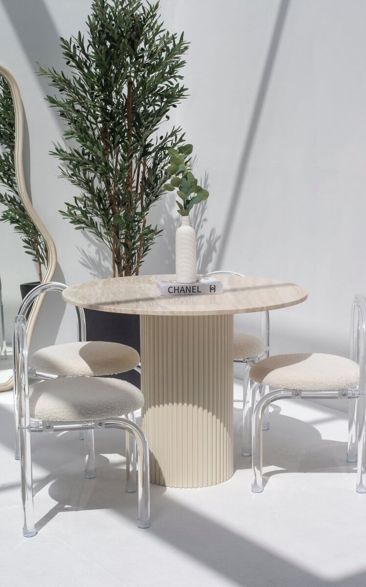 Cornelia White Travertine Dining Table (4 Base Colors) L100 x W100 x H75 x 2CM (Top Thickness) Beige