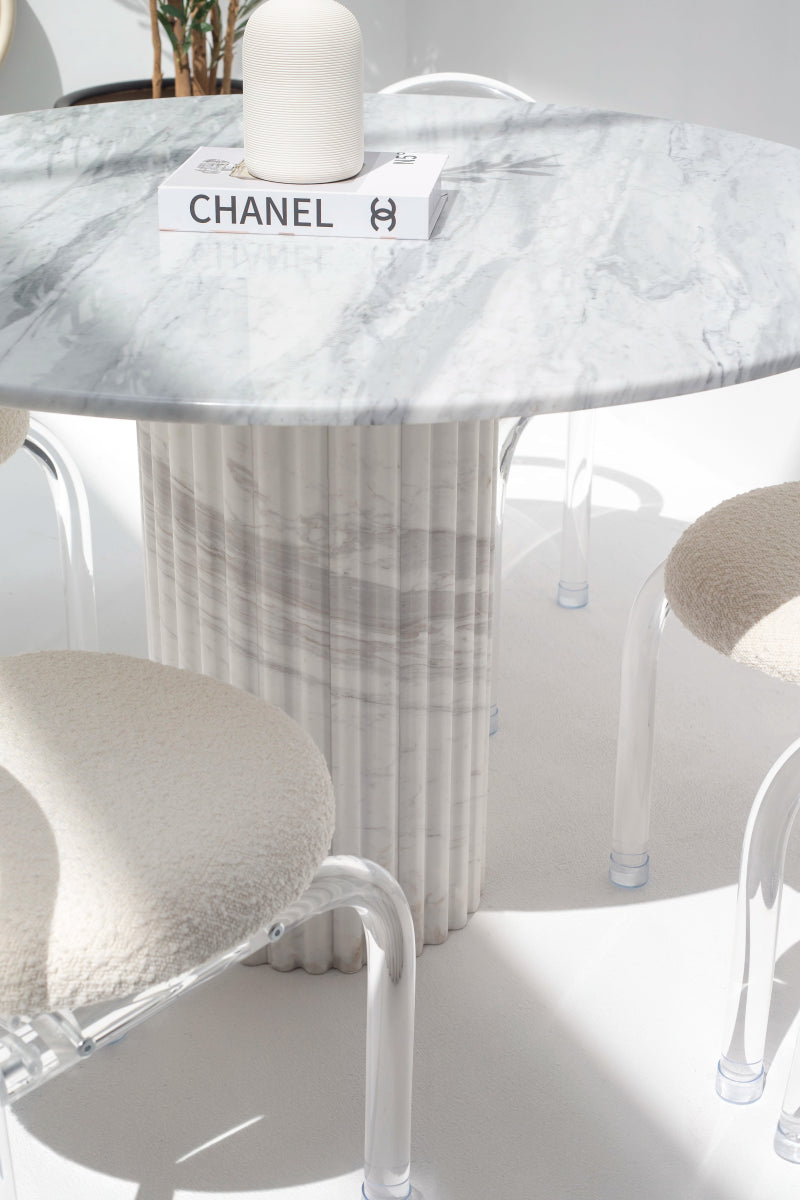Cornelia Bianco Joya Marble Dining Table With White Fluted Marble Base (2 Sizes)