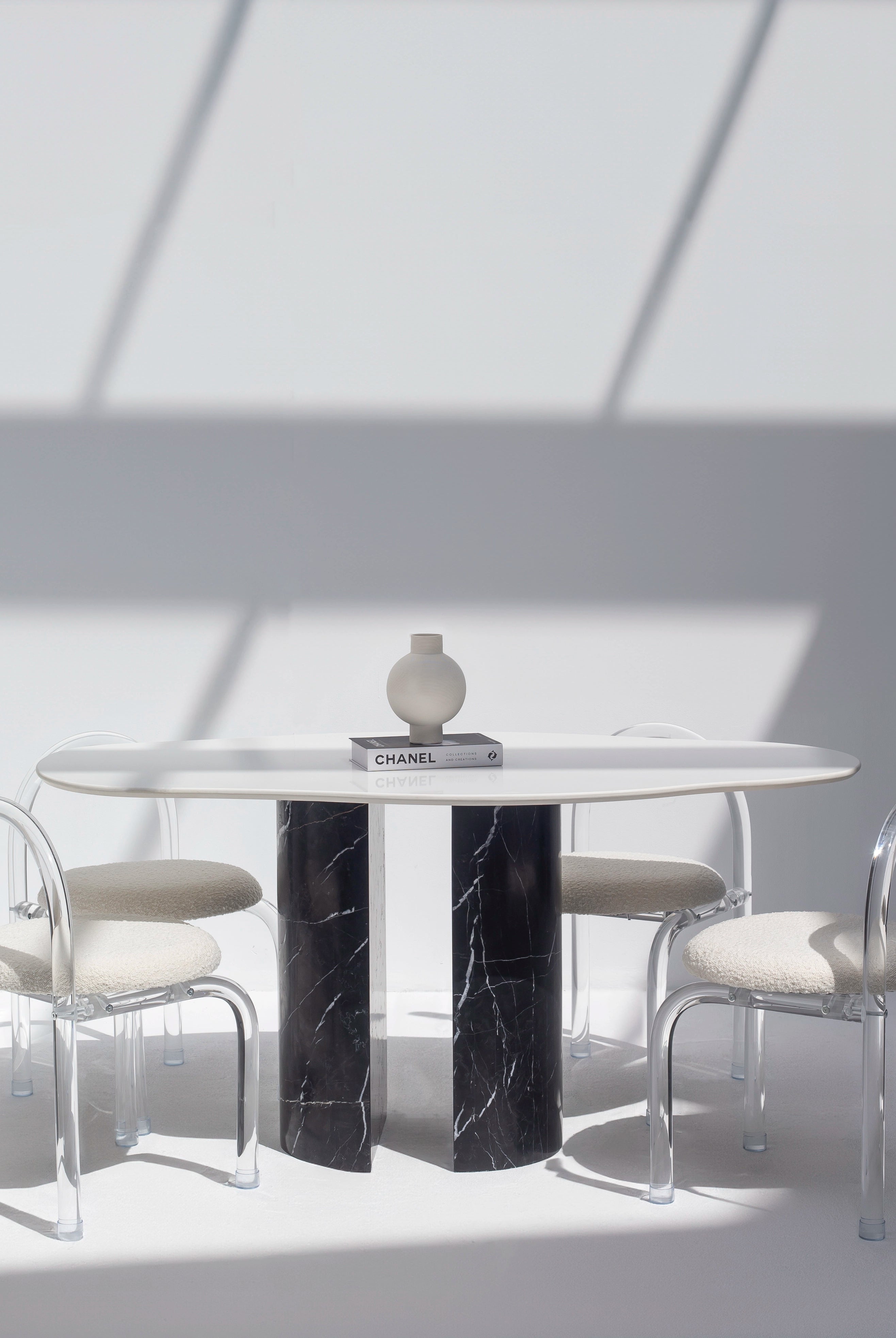 Rebecca White Quartz Irregular Dining Table With Black Marquina Base (2 Sizes)