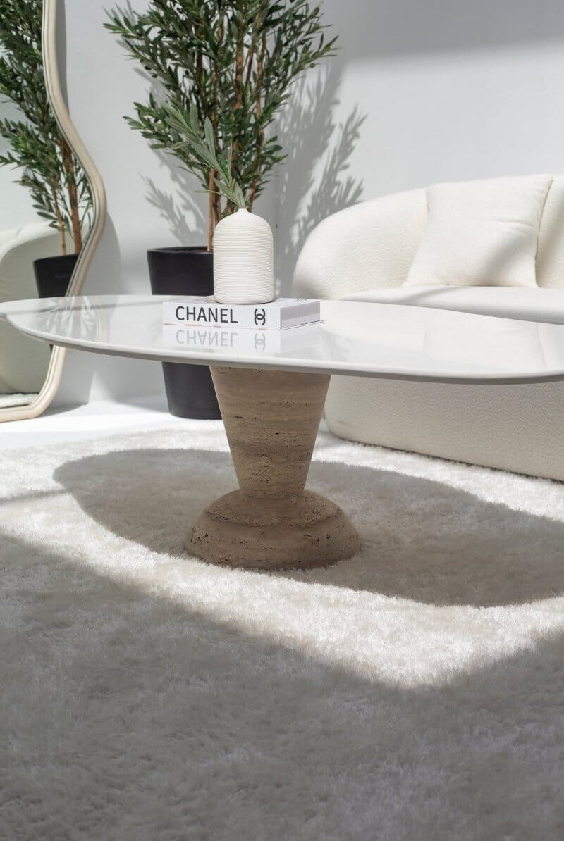 Berta Oval Irregular White Quz Top Coffee Table with Solid Travertine Base Homekode