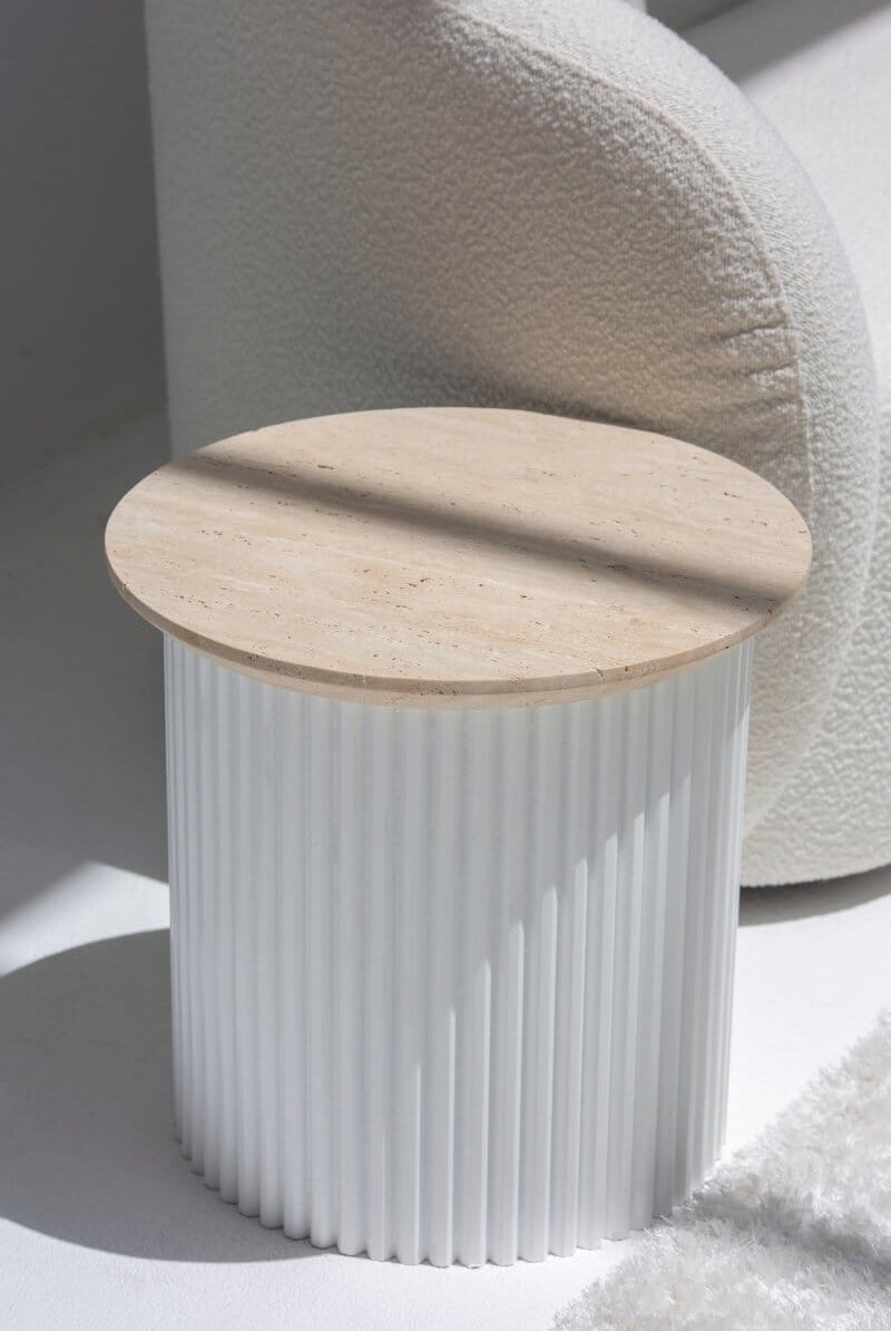 Lauren Beige Travertine Side Table with White Base