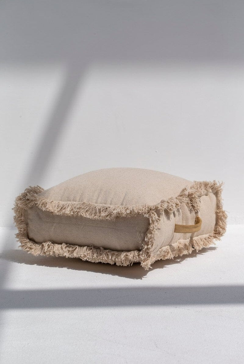 Beige Fringes Cotton Printed Pouf (50x50x15 CM)