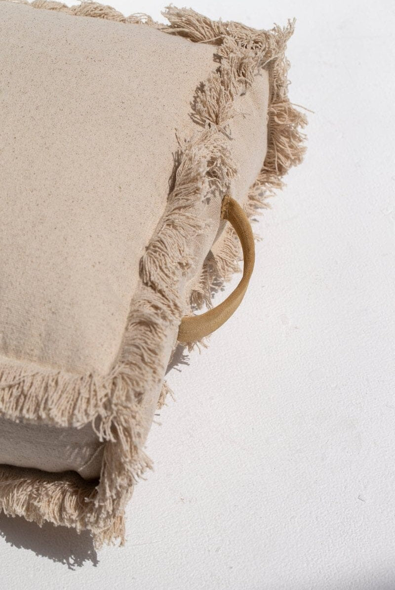 Beige Fringes Cotton Printed Pouf (50x50x15 CM) POUF