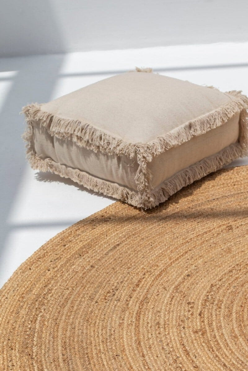 Beige Fringes Cotton Printed Pouf (50x50x15 CM) POUF