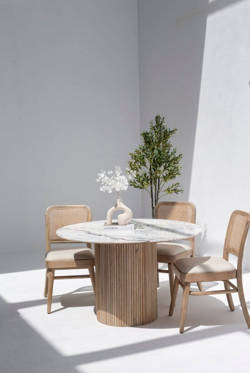 Wylie Wooden Dining Chair with Rattan Back & Off White Seating