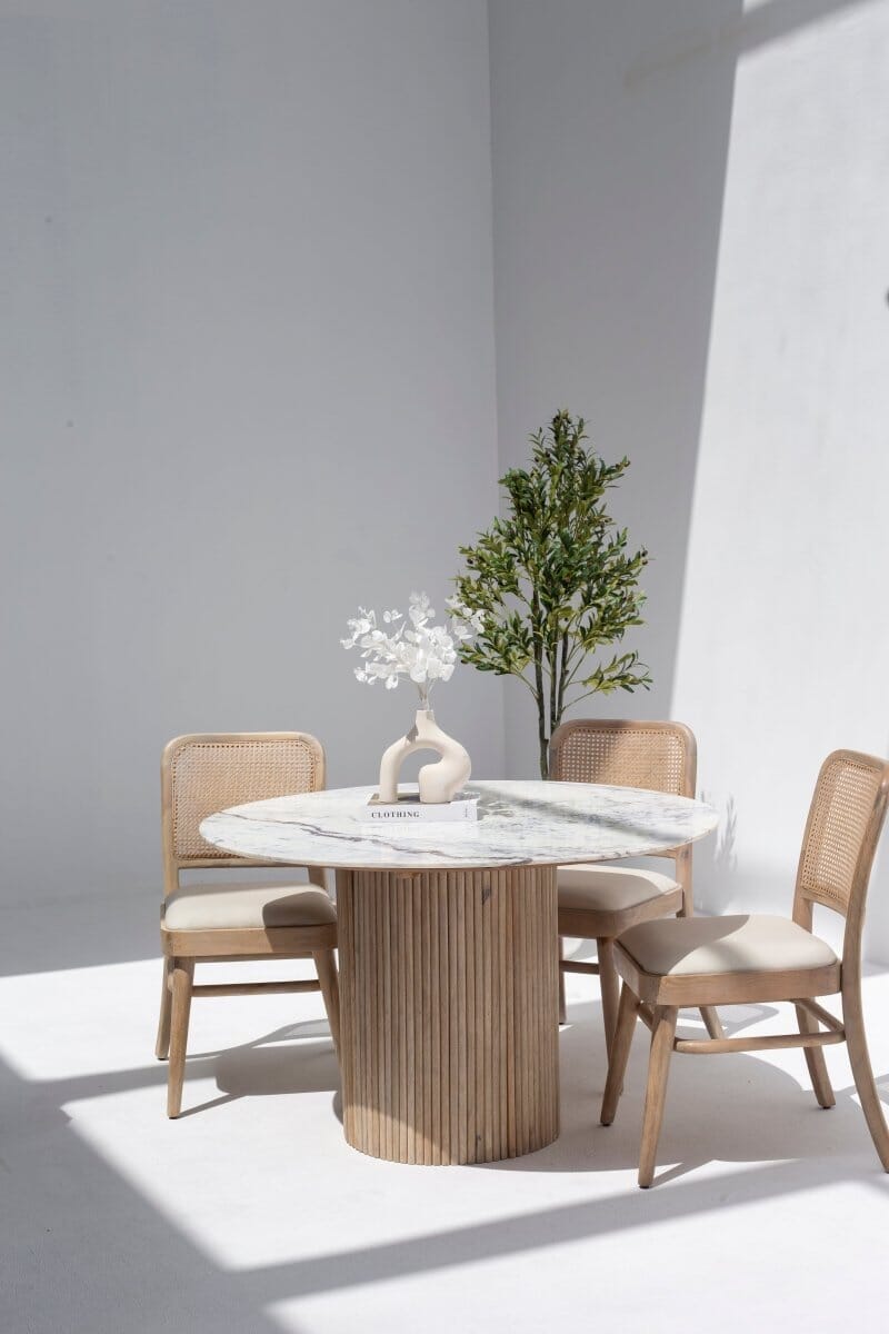 Wylie Wooden Dining Chair with Rattan Back & Off White Seating