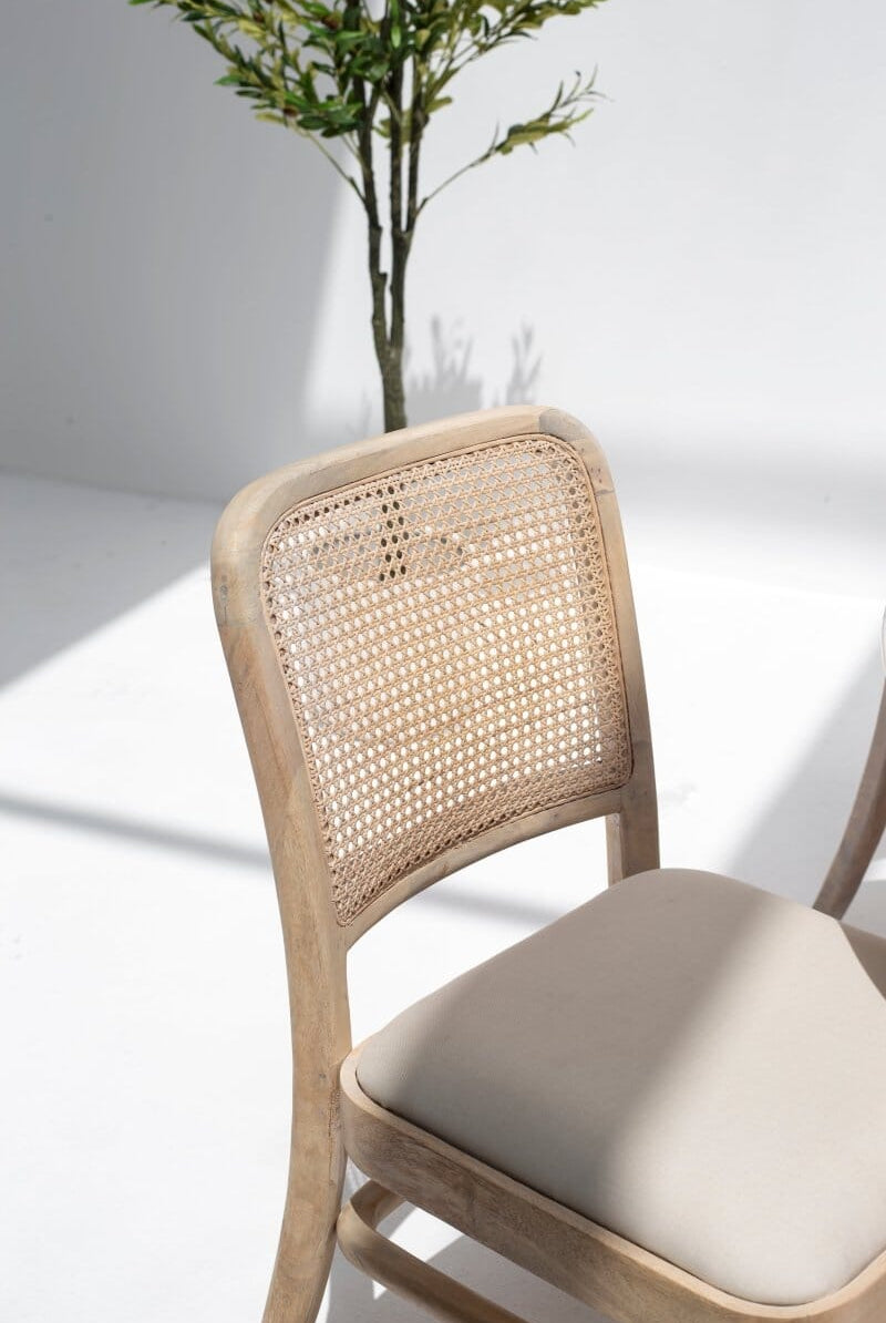 Wylie Wooden Dining Chair with Rattan Back & Off White Seating