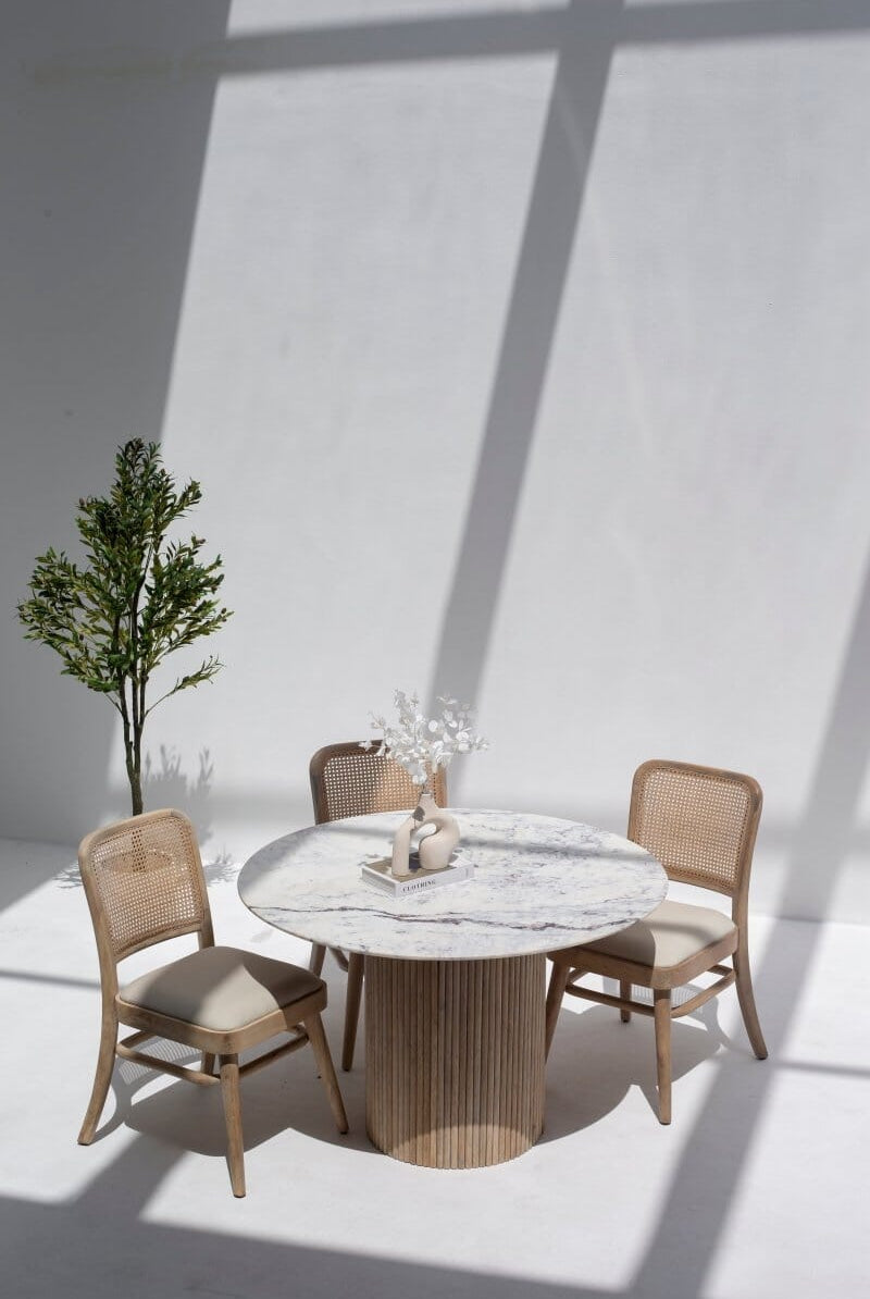 Wylie Wooden Dining Chair with Rattan Back & Off White Seating