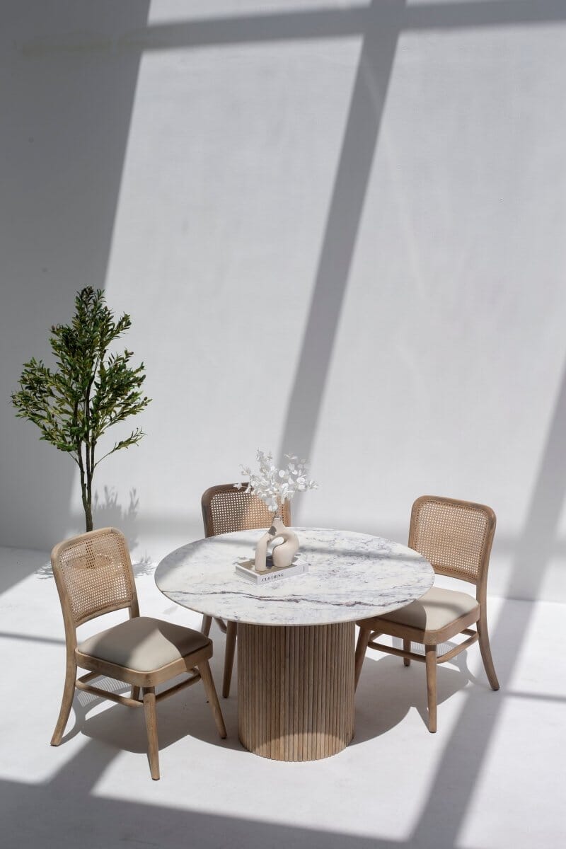 Wylie Wooden Dining Chair with Rattan Back & Off White Seating