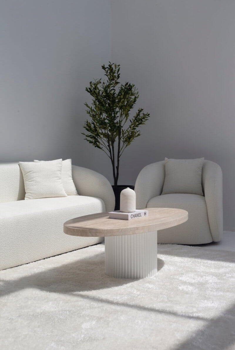 Melina Oval Travertine Coffee Table With White Base