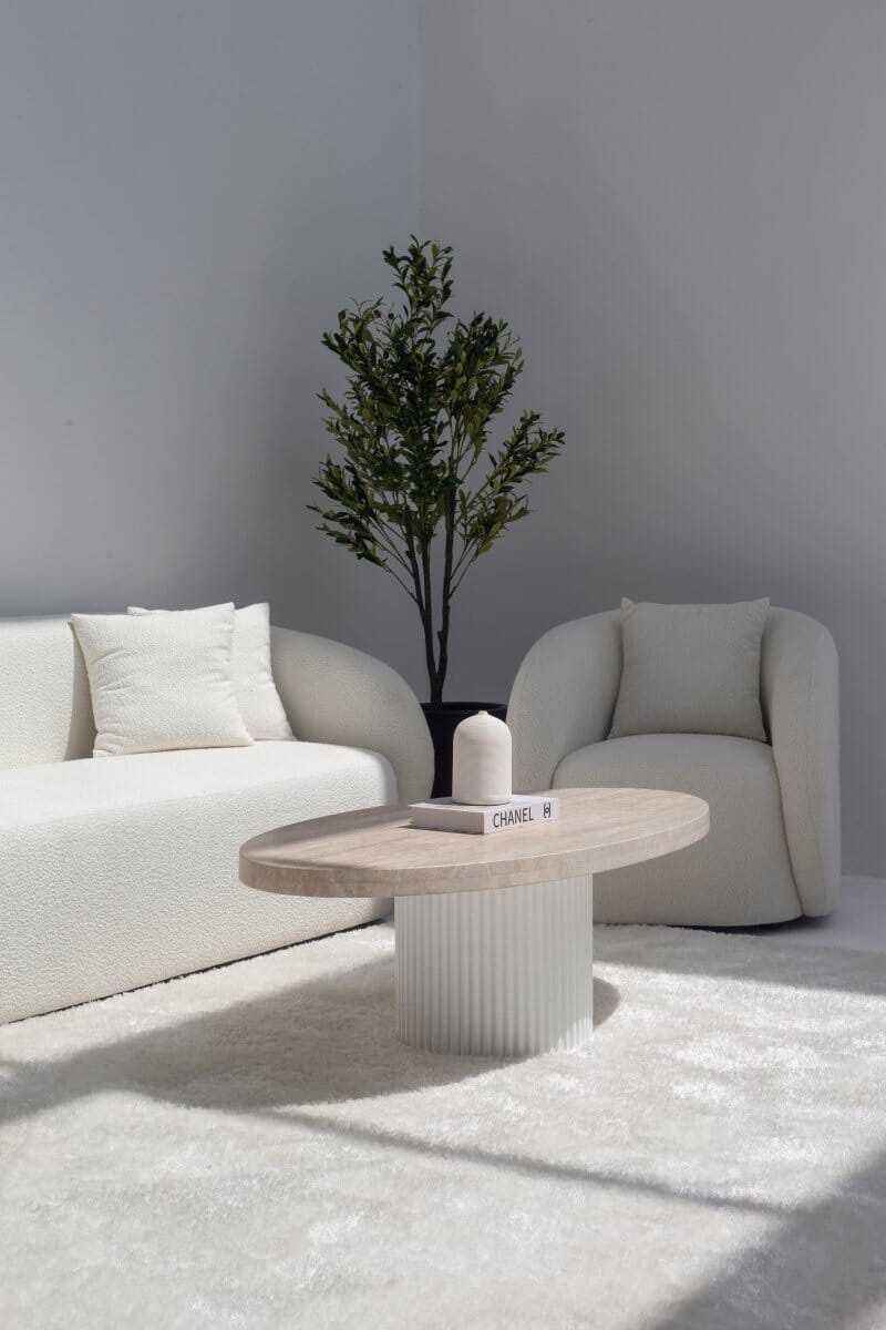 Melina Oval Travertine Coffee Table With White Base