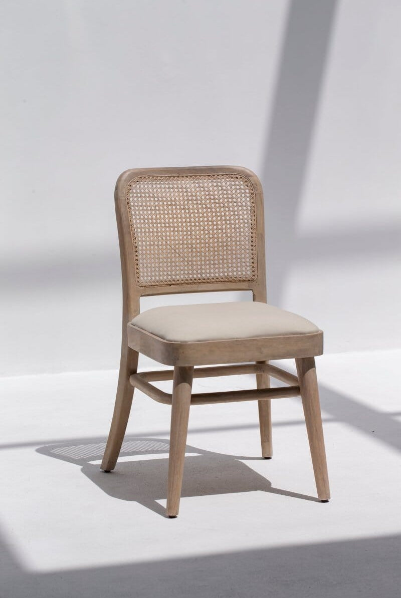 Wylie Wooden Dining Chair with Rattan Back & Off White Seating