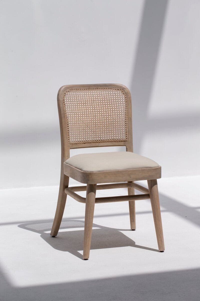 Wylie Wooden Dining Chair with Rattan Back & Off White Seating