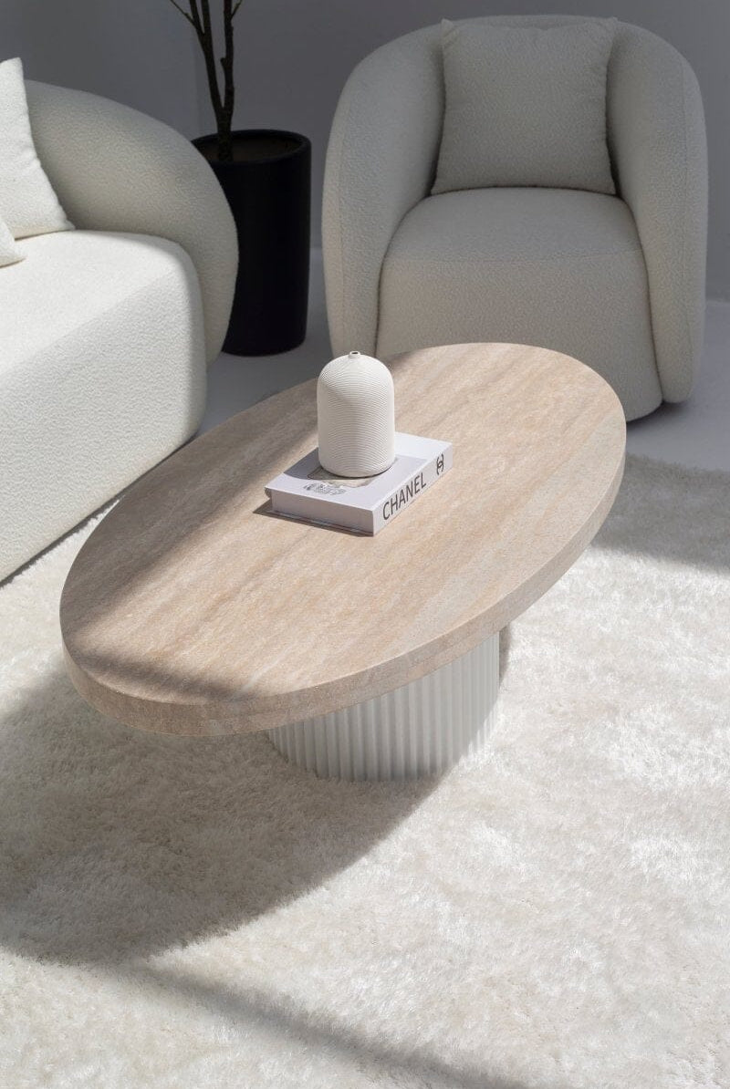 Melina Oval Travertine Coffee Table With White Base