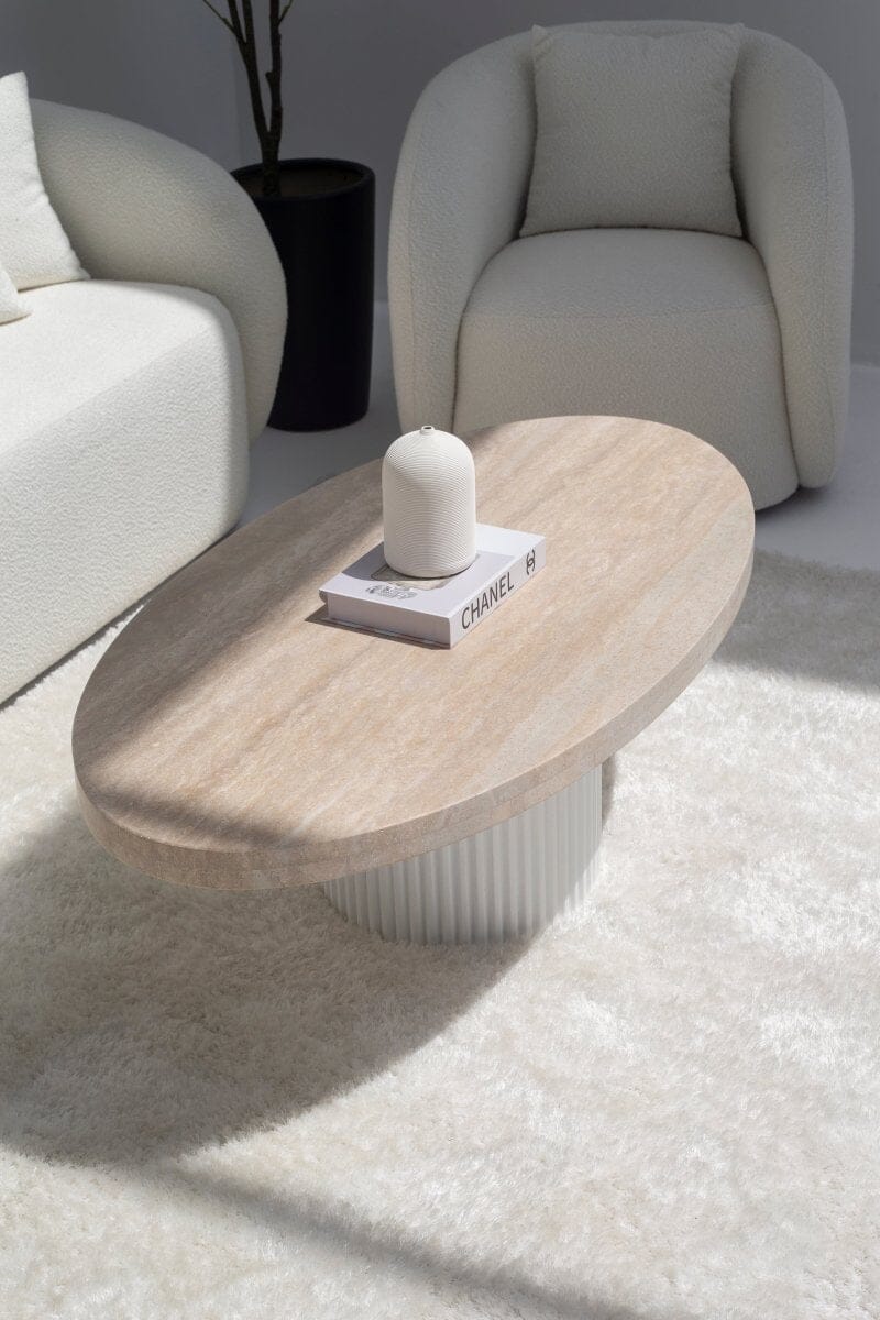 Melina Oval Travertine Coffee Table With White Base