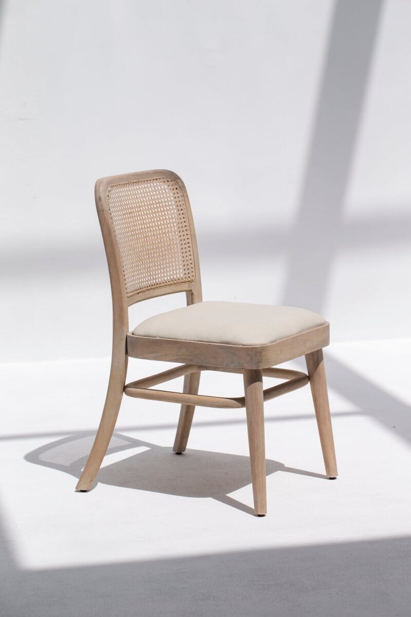 Wylie Wooden Dining Chair with Rattan Back & Off White Seating