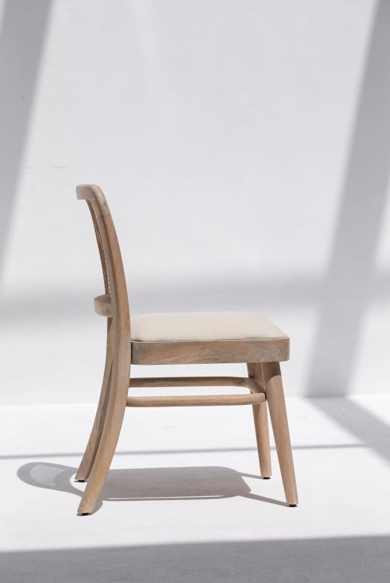 Wylie Wooden Dining Chair with Rattan Back & Off White Seating