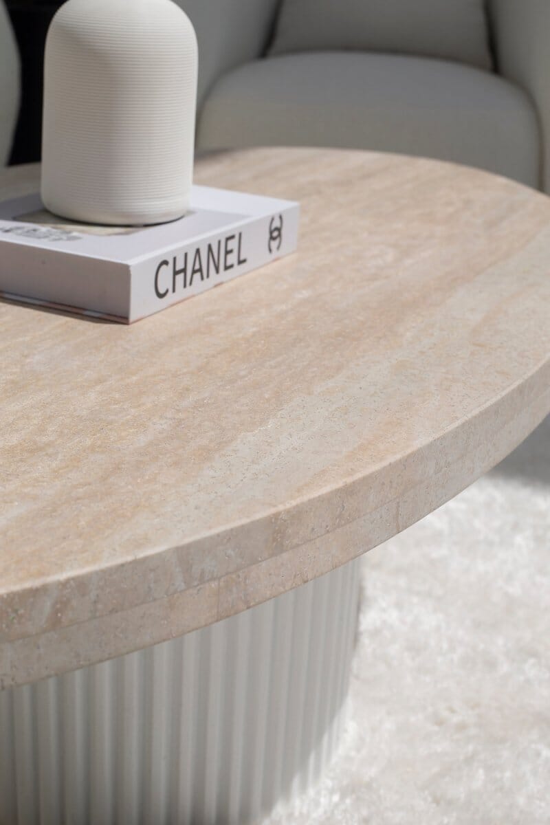Melina Oval Travertine Coffee Table With White Base