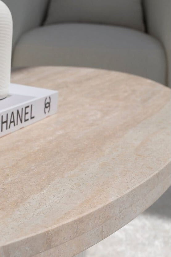 Melina Oval Travertine Coffee Table With White Base