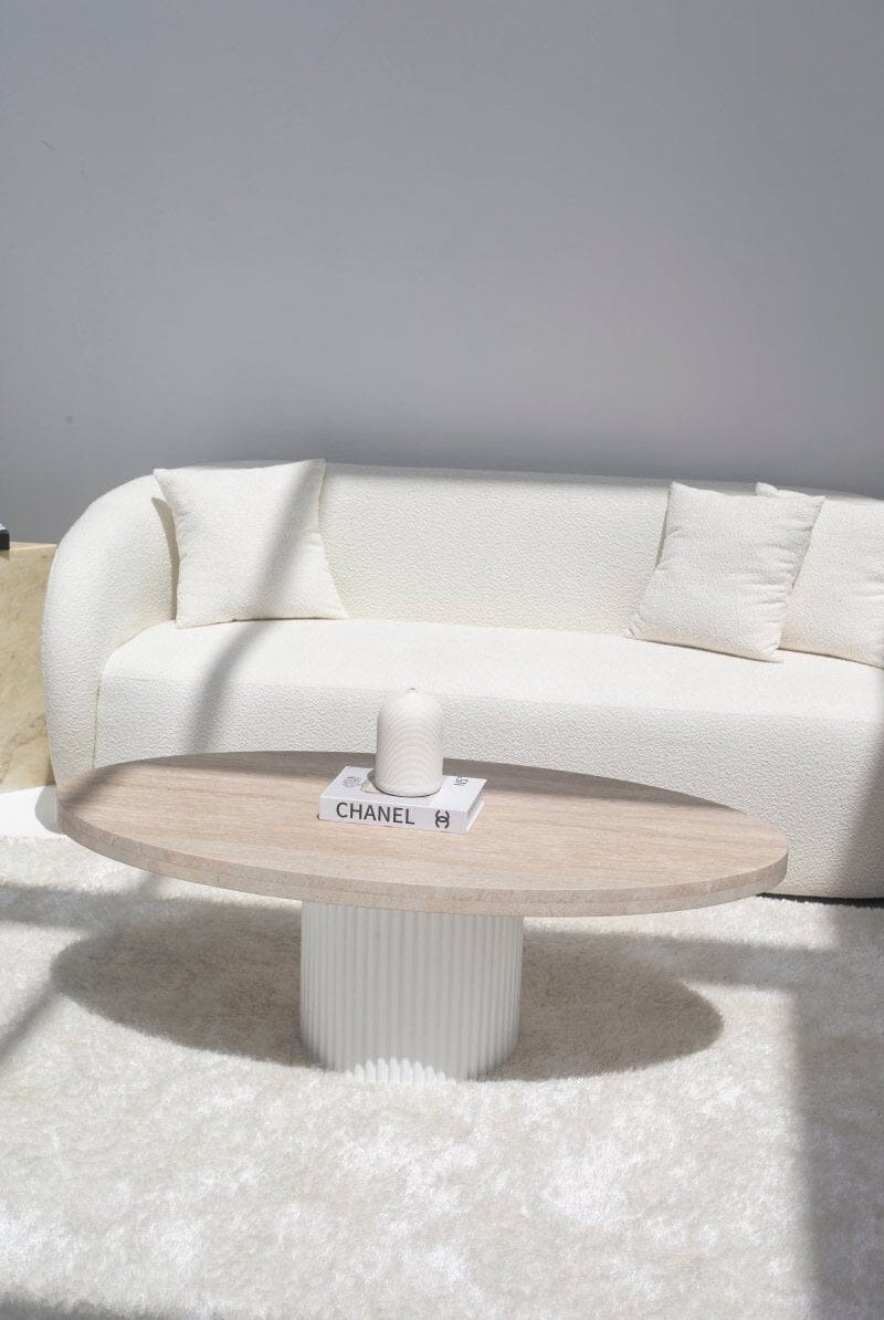 Melina Oval Travertine Coffee Table With White Base