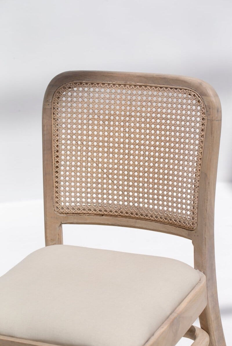 Wylie Wooden Dining Chair with Rattan Back & Off White Seating