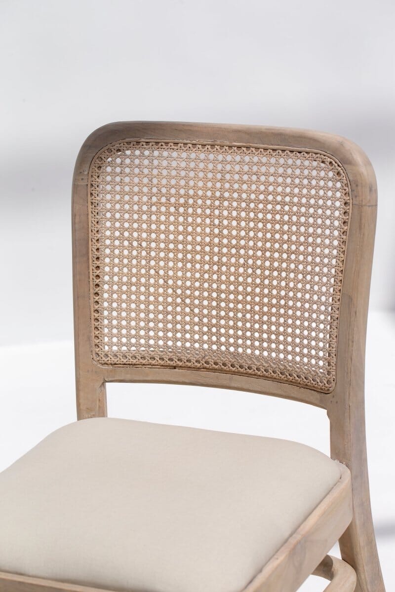 Wylie Wooden Dining Chair with Rattan Back & Off White Seating