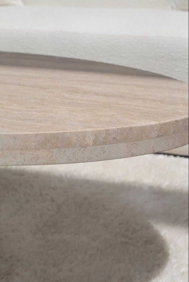 Melina Oval Travertine Coffee Table With White Base