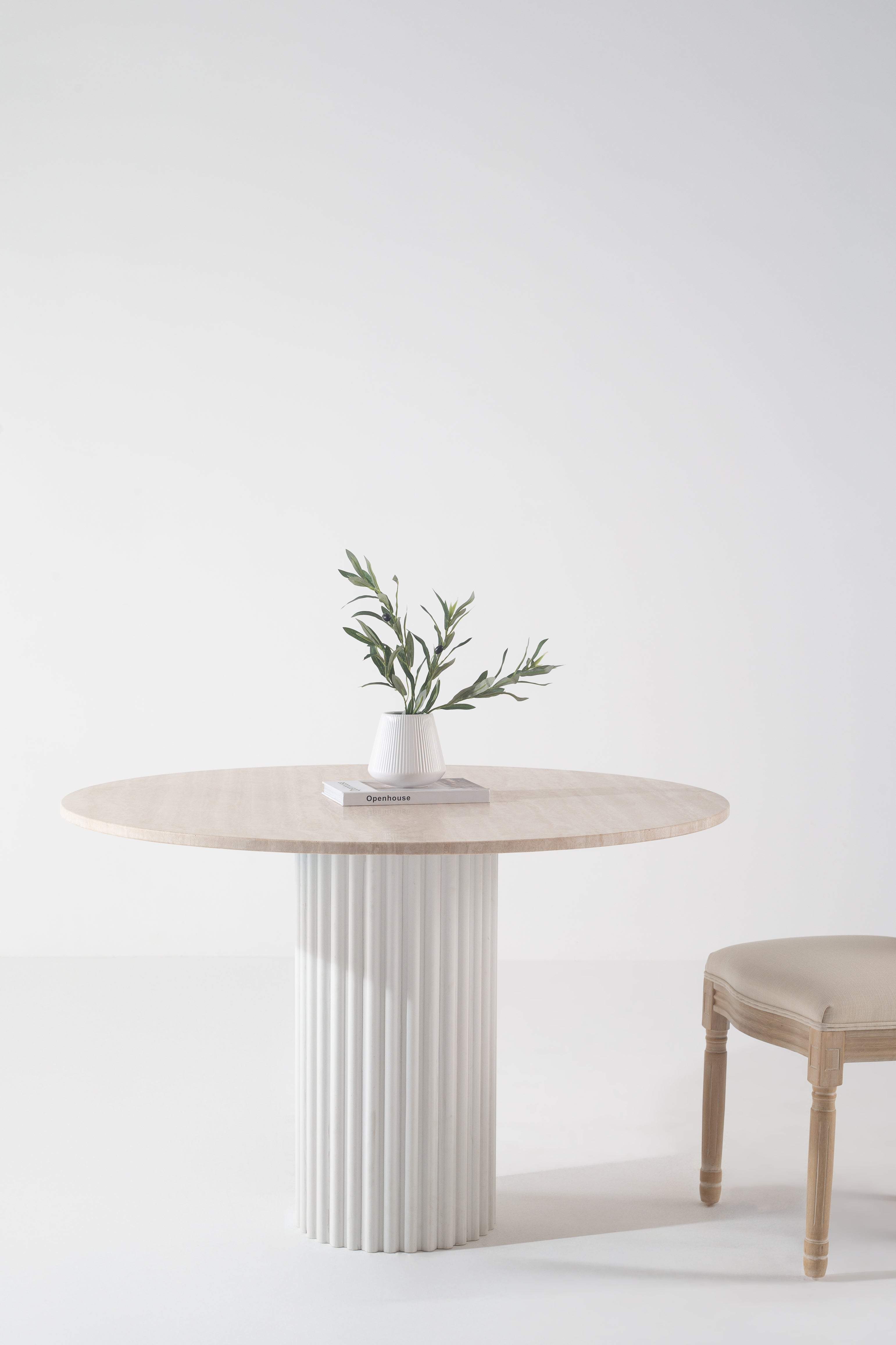 Claire Travertine Dining Table with White Quartz Base