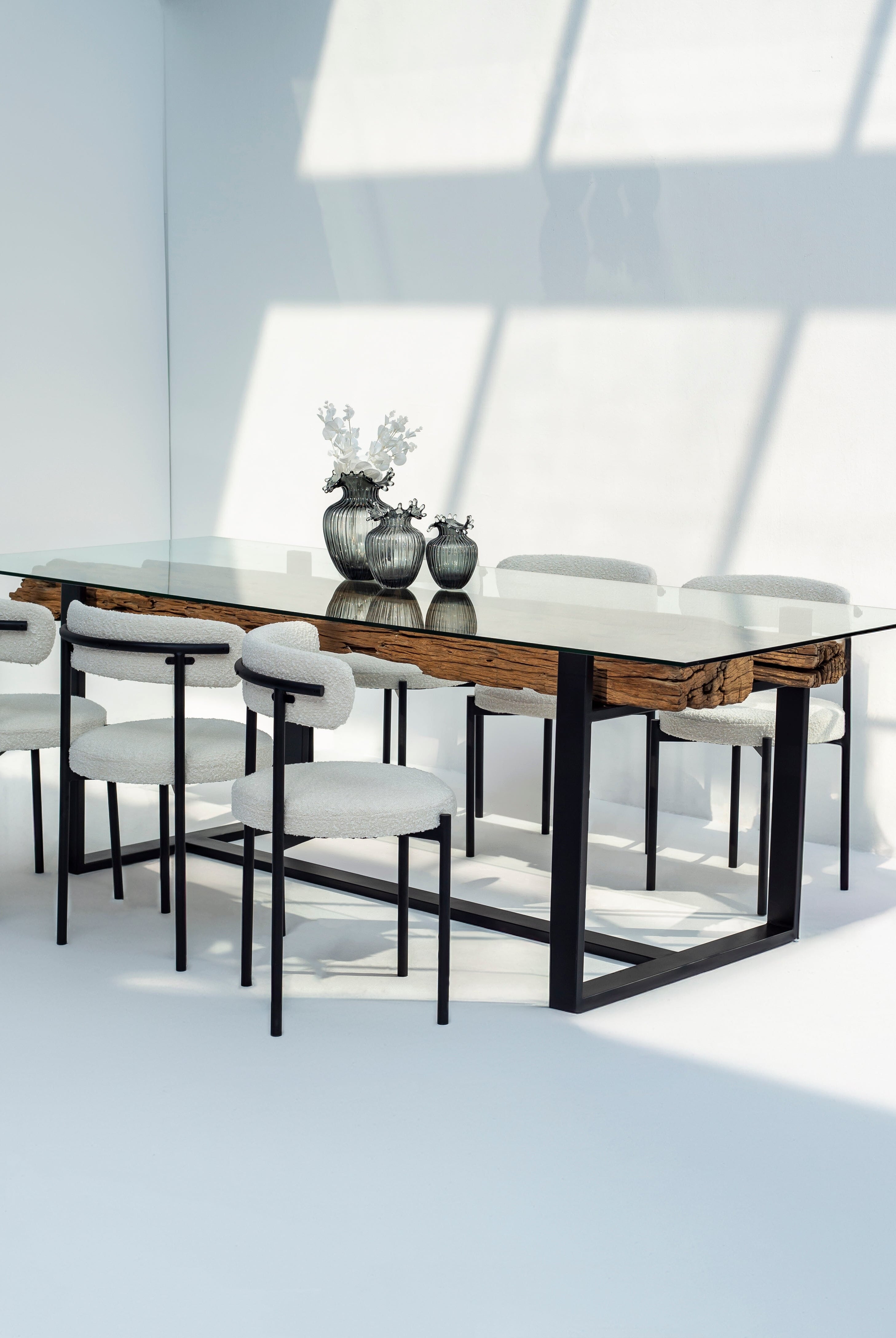 RailWay Wood with Glass Top Dining Table (4 Sizes)